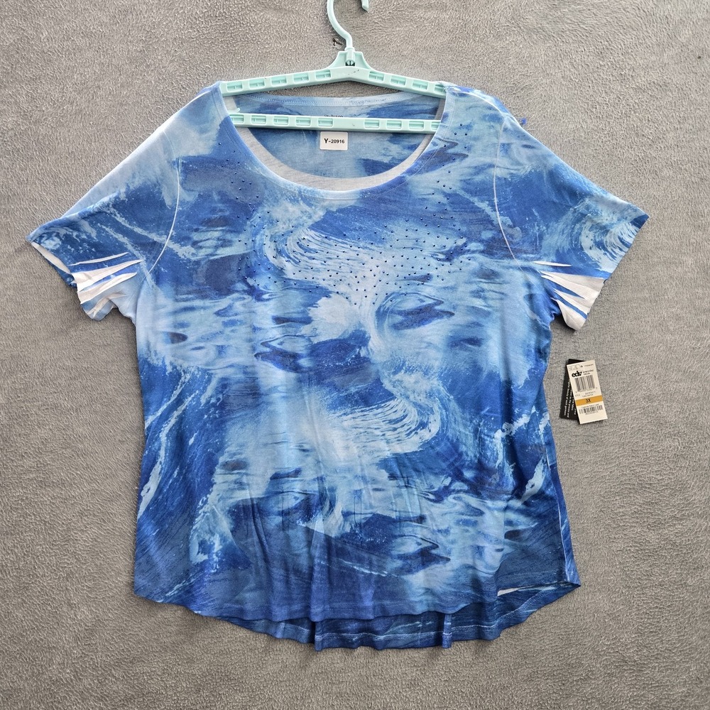 Style & Co. Women Shirt 3X Blue Abstract Rhinestone Crew Neck Pullover NWT